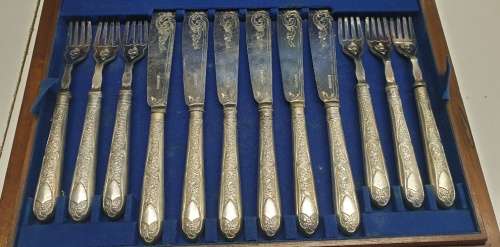 1877 John Sanderson and Son Silverplated 24 piece Fish knife and fork set.
