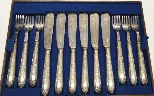 1877 John Sanderson and Son Silverplated 24 piece Fish knife and fork set.