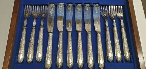 1877 John Sanderson and Son Silverplated 24 piece Fish knife and fork set.