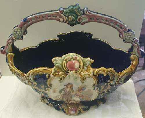 Cobalt Blue Majolica Victorian Basket Handle Flower Vase Circa 1900