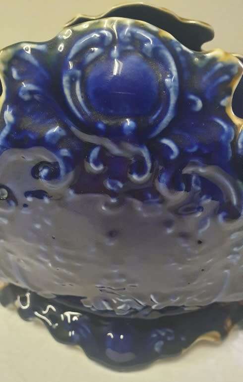 Cobalt Blue Majolica Victorian Basket Handle Flower Vase Circa 1900