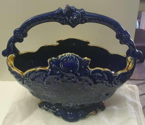 Cobalt Blue Majolica Victorian Basket Handle Flower Vase Circa 1900