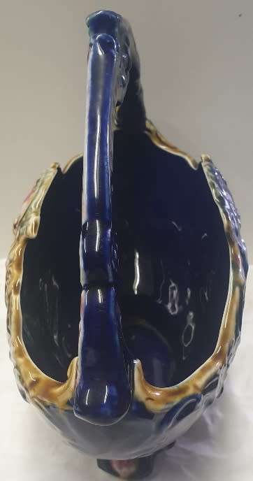 Cobalt Blue Majolica Victorian Basket Handle Flower Vase Circa 1900