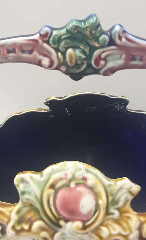 Cobalt Blue Majolica Victorian Basket Handle Flower Vase Circa 1900