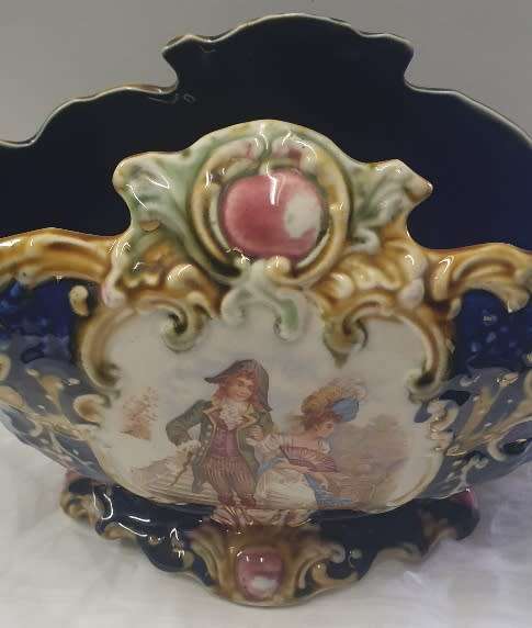 Cobalt Blue Majolica Victorian Basket Handle Flower Vase Circa 1900