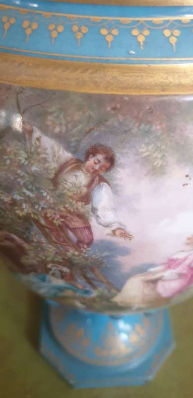 Antique French Sevres ` Style ` Urn. ( Picking Cherries ) 21` Tall FOR THE STATELY HOME