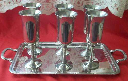 6 X LOVELY PLATED GOBLETS ON A TRAY.