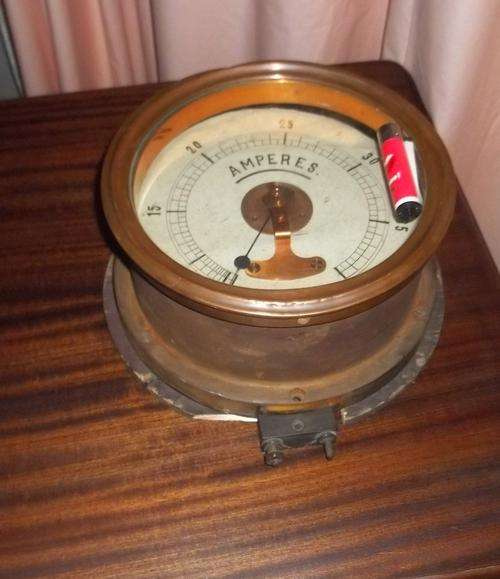 LARGE, HEAVY VINTAGE BRASS AMPMETER.