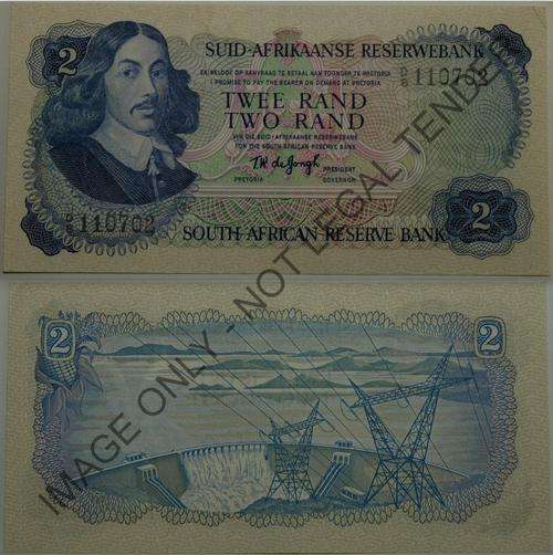 #  T.W. de JONGH  - 2 Rand (Afr/Eng)  -  1974 - 2nd ISSUE  -  D8 -  Unc   #