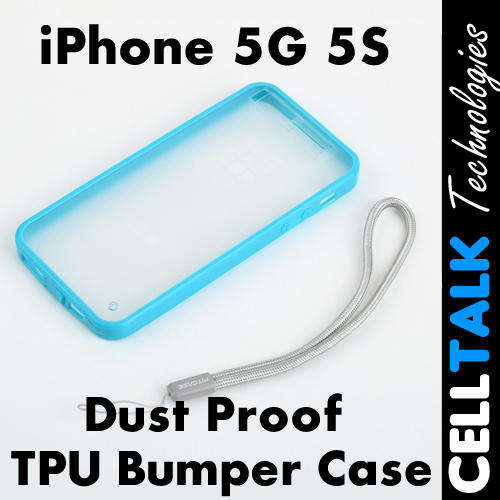 FITCASE Dustproof TPU Bumper Clear Back Case With Lanyard For iPhone 5G 5S BLUE