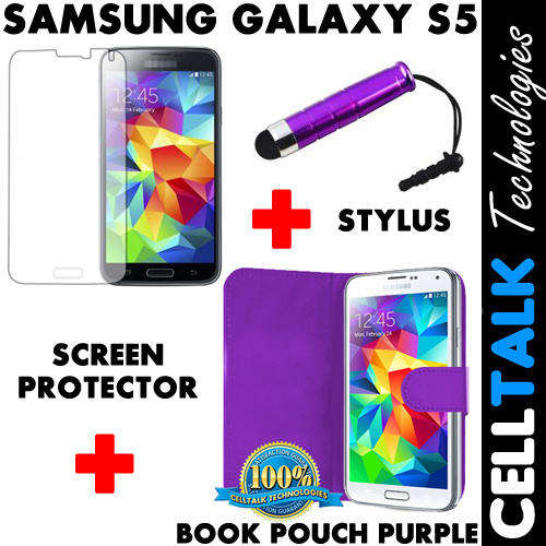 ** SPECIAL** Samsung Galaxy S5 Flip Type Book Pouch Purple + Screen Protector + Stylus **SPECIAL**