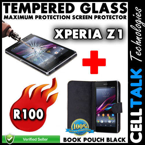 Sony Xperia Z1 Book Pouch + Tempered Glass Screen Guard COMBO BLACK!! **Special**