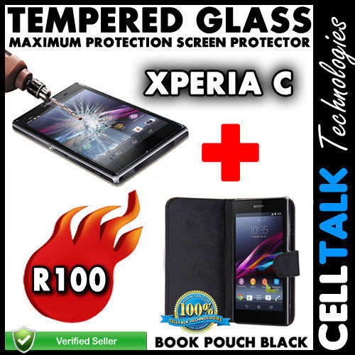 Sony Xperia C S39h Book Pouch + Tempered Glass Screen Guard COMBO!! **Special**