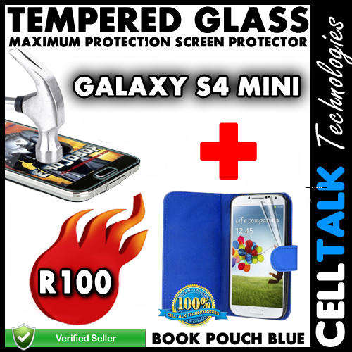 Samsung Galaxy S4 Mini Book Pouch + Tempered Glass Screen Guard COMBO BLUE!! **Special**