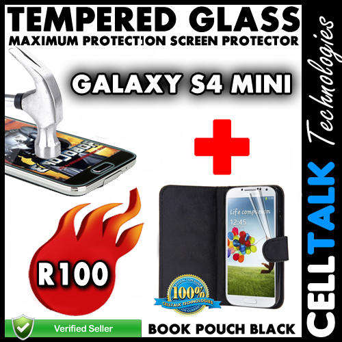 Samsung Galaxy S4 Mini Book Pouch + Tempered Glass Screen Guard COMBO BLACK!! **Special**