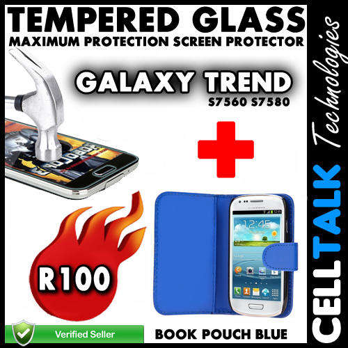 Samsung Galaxy Trend S7560 S7580 Book Pouch + Tempered Glass Screen Guard COMBO BLUE!! **Special**
