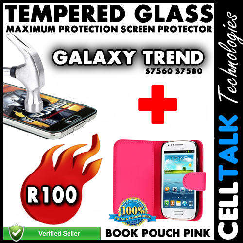 Samsung Galaxy Trend S7560 S7580 Book Pouch + Tempered Glass Screen Guard COMBO PINK!! **Special**