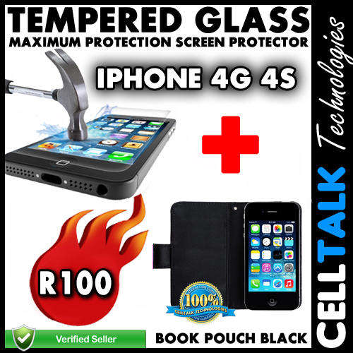iPhone 4G 4S Book Pouch + Tempered Glass Screen Guard COMBO BLACK!! **Special**