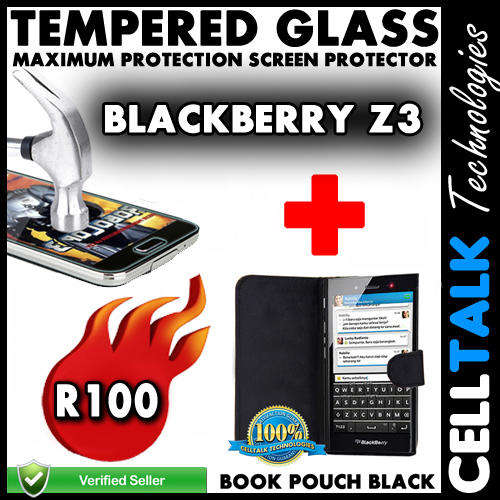 Blackberry Z3 Book Pouch + Tempered Glass Screen Guard COMBO BLACK!! **Special**