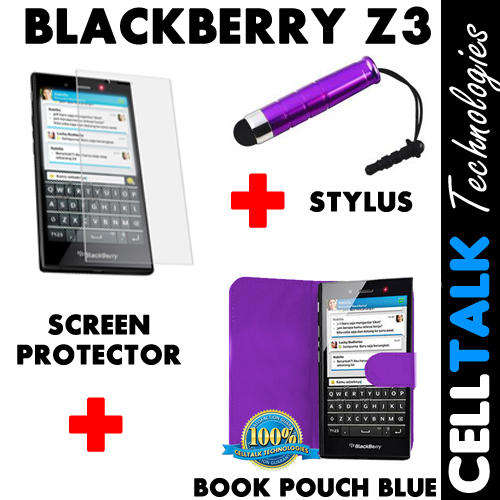 ** SPECIAL** Blackberry Z3 Flip Type Book Pouch PURPLE + Screen Protector + Stylus *SPECIAL*