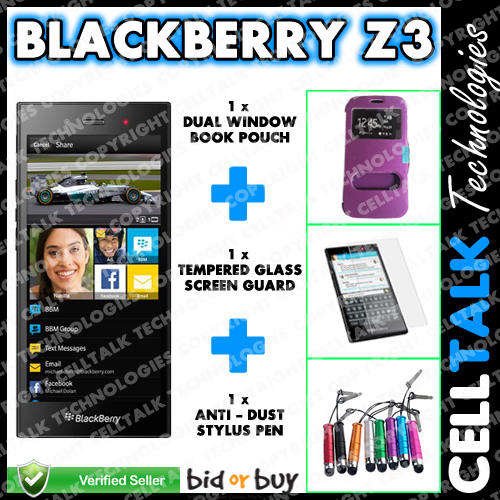 Blackberry Z3 Dual Window Pouch + Tempered Glass + Stylus COMBO PURPLE !!