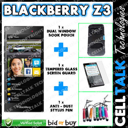 Blackberry Z3 Dual Window Pouch + Tempered Glass + Stylus COMBO BLACK !!