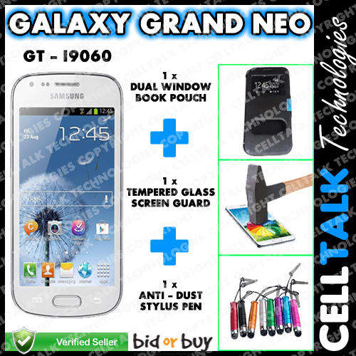 Samsung Galaxy Grand Neo i9060 Dual Window Pouch + Tempered Glass + Stylus COMBO BLACK !!