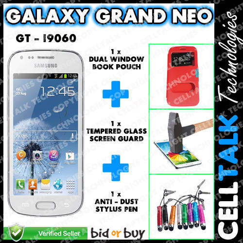 Samsung Galaxy Grand Neo i9060 Dual Window Pouch + Tempered Glass + Stylus COMBO RED!!