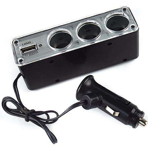 3 Way 12V Triple Car Cigarette Socket Power Adapter Splitter With 1 USB Port