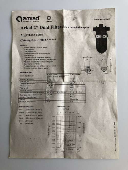 Large Arkal Disc Water Filter (20 micron, 600 mesh) 50mm inlet/outlets