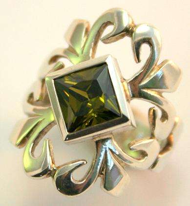 Fabulous Designer Olive Green Coloured Cubic Zirconia Sterling Silver Ring (925)
