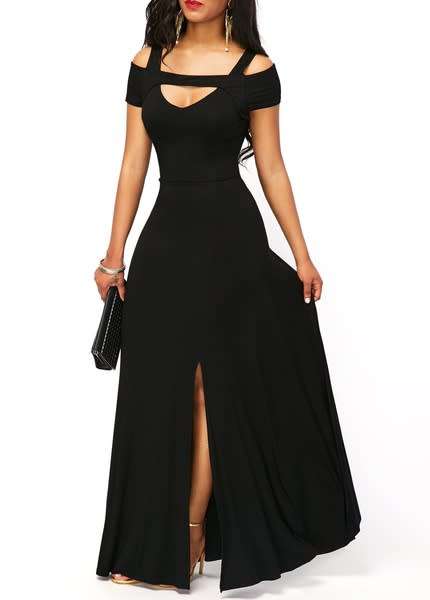 Womens Cold Shoulder V Neck Bodycon Prom Evening Club Maxi Long Dress