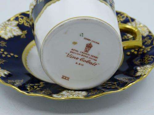 ROYAL CROWN DERBY VINE COBALT MOCCA CUP AND SAUCER  EXCELLENT CONDITION.