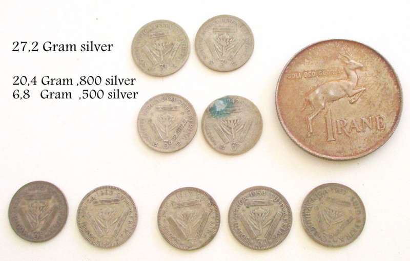A 1966 SILVER .800 R1 (DIRTY) AND NINE SOUTH AFRICAN TICKEYS--SOLD AS SCRAP SILVER
