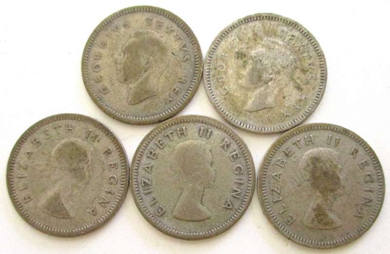 A 1966 SILVER .800 R1 (DIRTY) AND NINE SOUTH AFRICAN TICKEYS--SOLD AS SCRAP SILVER
