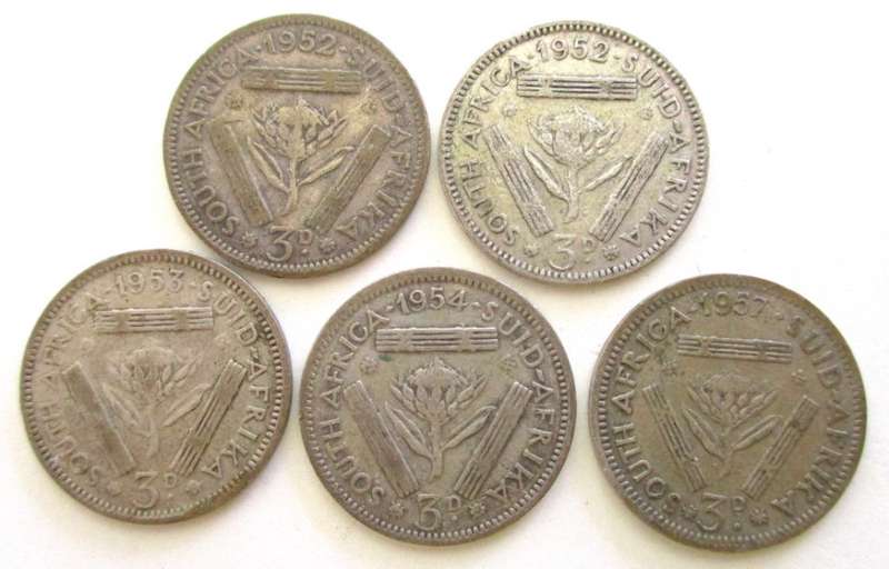 A 1966 SILVER .800 R1 (DIRTY) AND NINE SOUTH AFRICAN TICKEYS--SOLD AS SCRAP SILVER