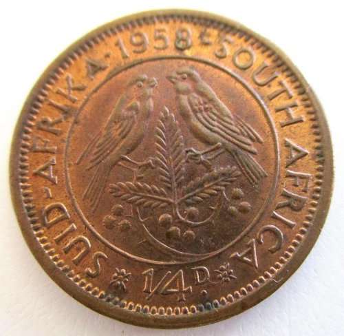 1958 SOUTH AFRICAN QUARTER PENNY--GOOD DETAIL--NATURAL BRIGHT PATINA--UNC