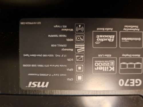 MSI GE70 Gaming Laptop 17.3`, Intel Core i7 4700MQ, 16GB Ram, 750GB HDD - excellent condition