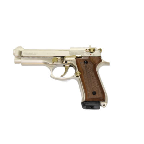 BLOW - F92 Blank Prop Gun, Beretta 92FS / Vektor Z88 Replica, Satina (Gold & Silver & Wood Detail)