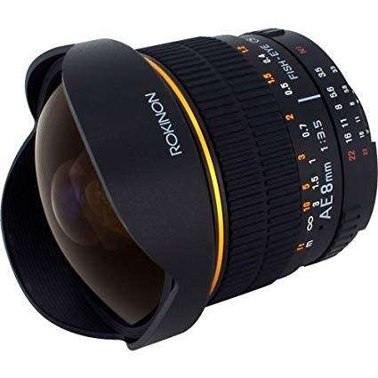 ** ROKINON FISH-EYE CS ** AE 8 MM  1:3.5 ** ASPHERICAL **  REAR  CAP ** NIKON MOUNT*GOOD CONDITION*