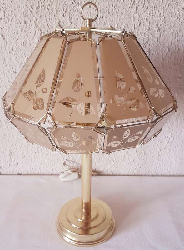 Vintage Brass Stand 12 pane floral Etched Glass Dome Shade Lamp