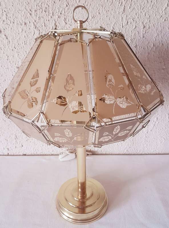 Vintage Brass Stand 12 pane floral Etched Glass Dome Shade Lamp