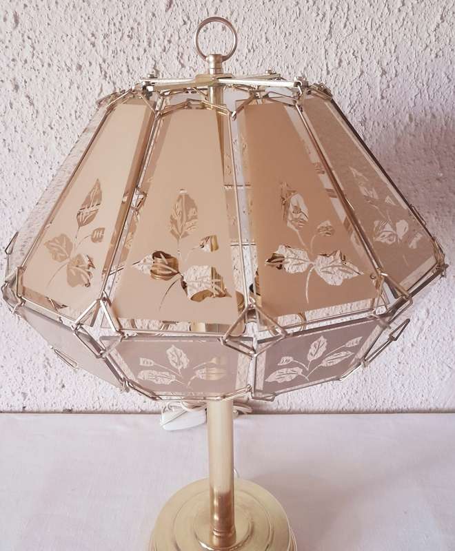 Vintage Brass Stand 12 pane floral Etched Glass Dome Shade Lamp