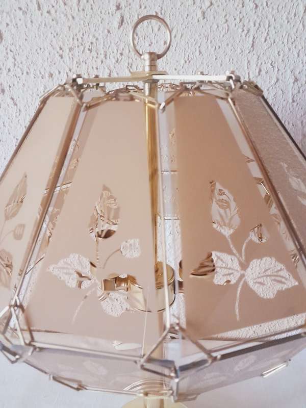 Vintage Brass Stand 12 pane floral Etched Glass Dome Shade Lamp