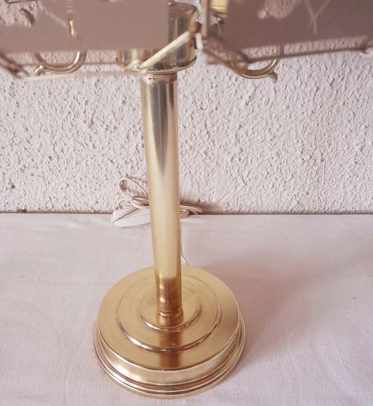 Vintage Brass Stand 12 pane floral Etched Glass Dome Shade Lamp