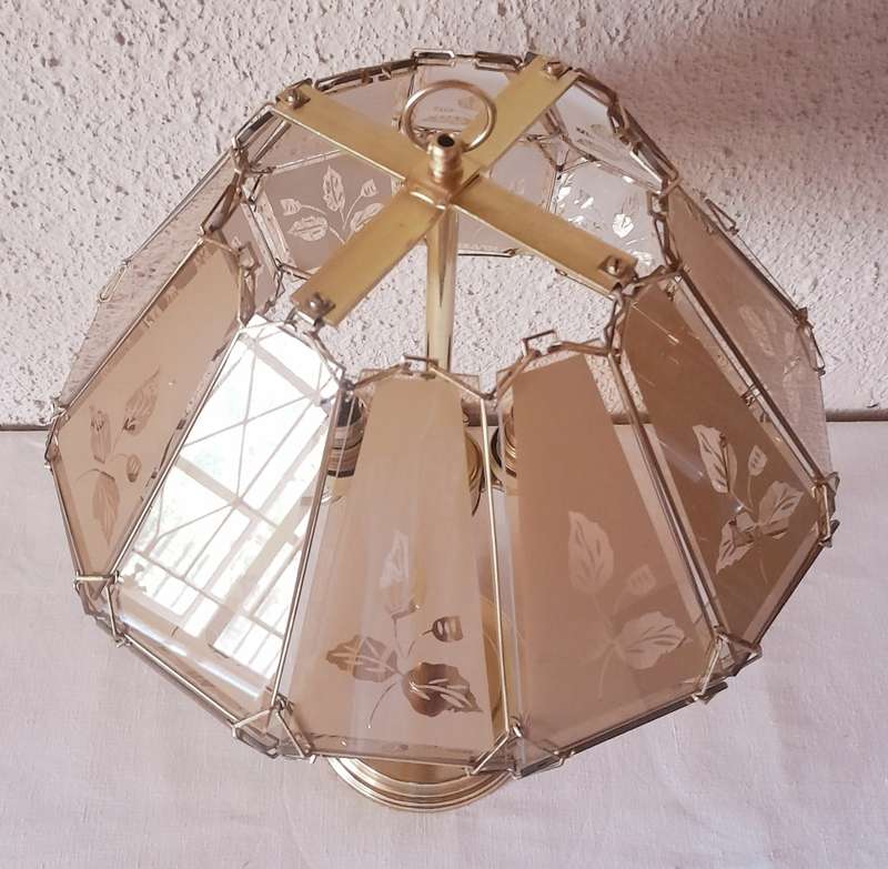 Vintage Brass Stand 12 pane floral Etched Glass Dome Shade Lamp