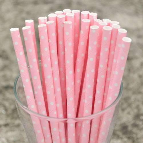 Paper straws 25 - baby pink white dot