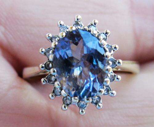 ***MONEY-BACK GUARANTEE*** UK HALLMARKED 9CT YELLOW GOLD TANZANITE & DIAMOND RING SIZE L
