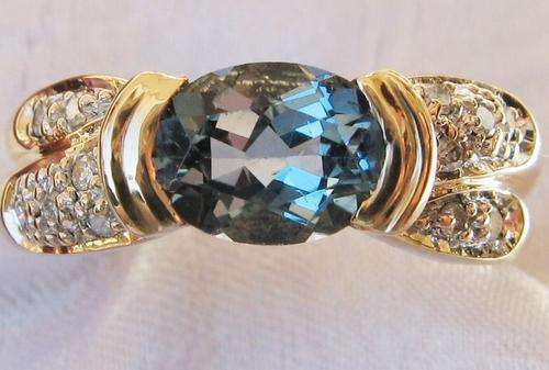 HEAVY 14CT YELLOW GOLD BLUE TOPAZ & DIAMOND DECO RING SIZE P