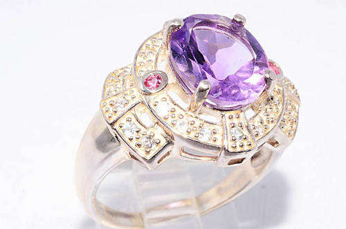 $500 5.35CT OVAL CUT AMETHYST,ROUND CUT PINK SAPPHIRE & WHITE TOPAZ RING sz 9